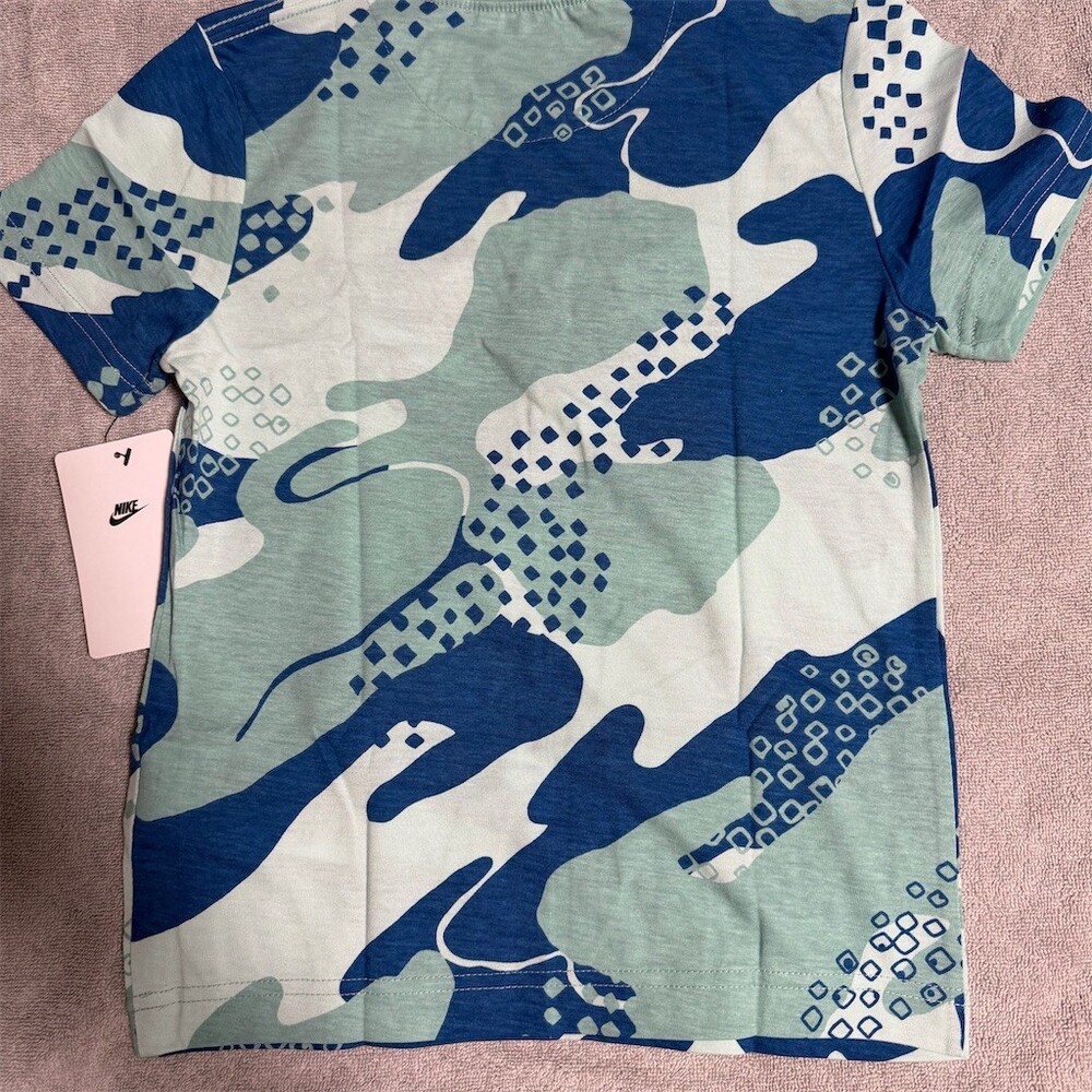 Nike Boys T-Shirt Youth 7 Blue Green Camo Logo Graphic Short Sleeve